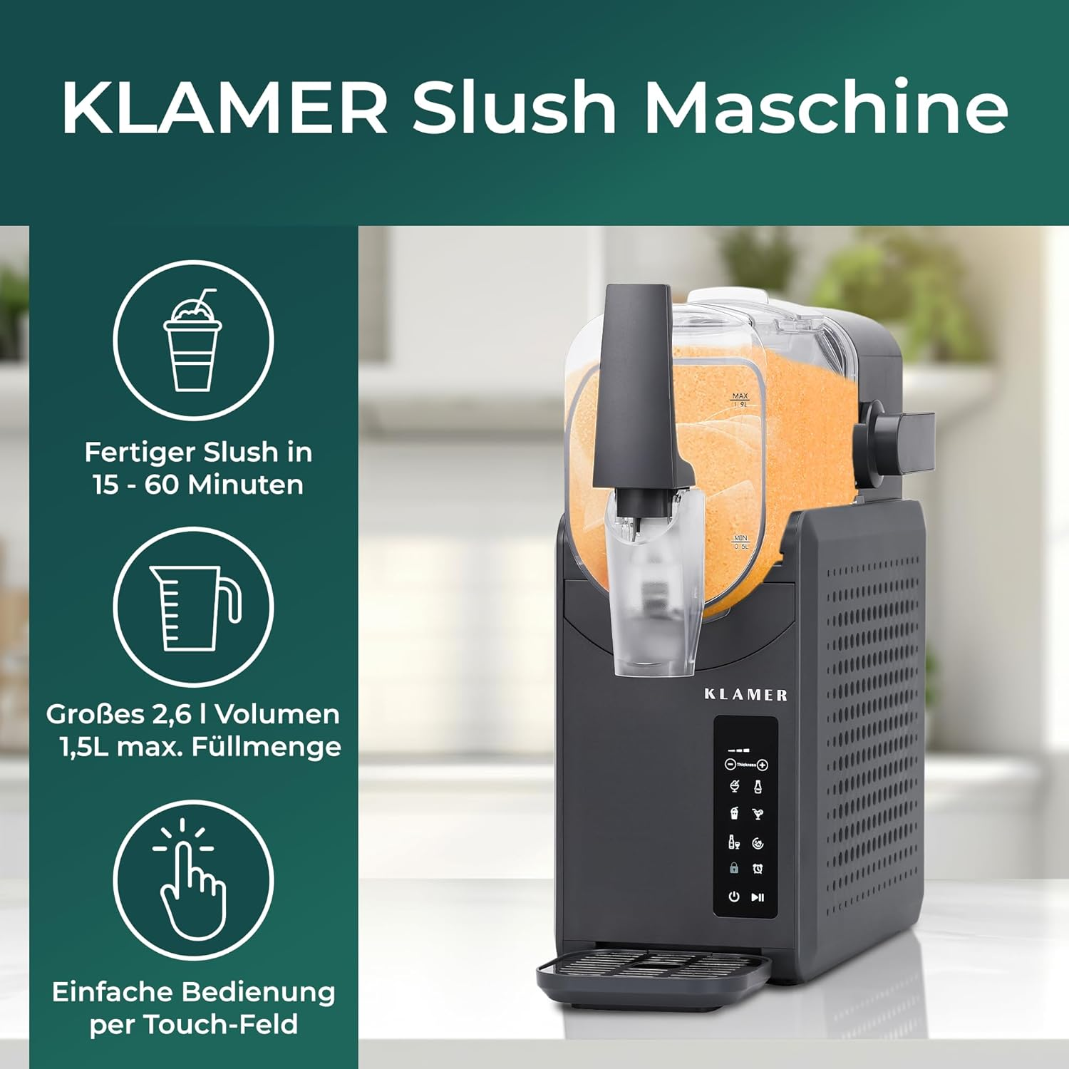 Klamer Slush-Maschine mit Orangen-Slush, 2,6L Volumen, Touch-Bedienung.