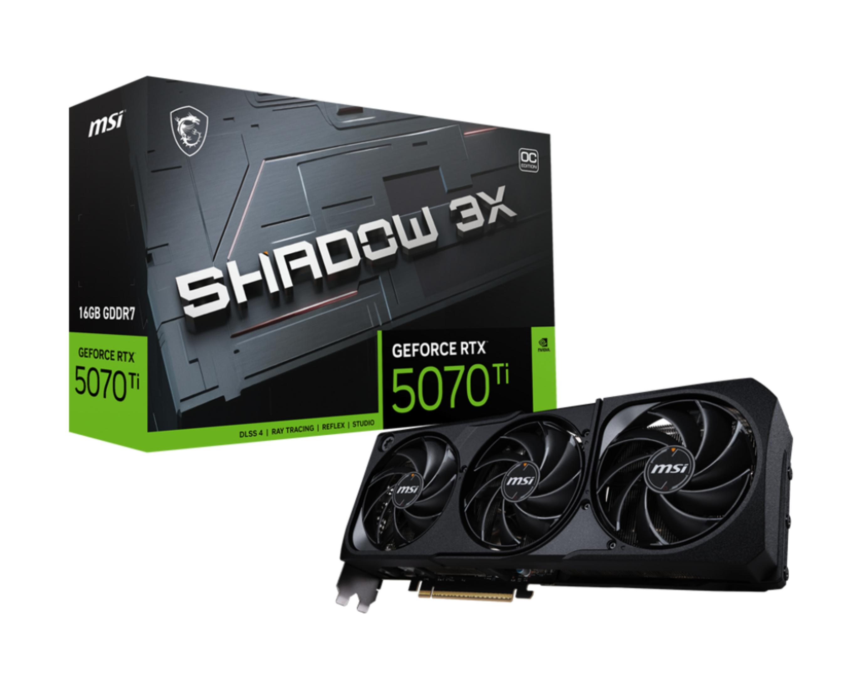 Scheda grafica MSI GeForce RTX 5070 Ti e scatola con ventole.