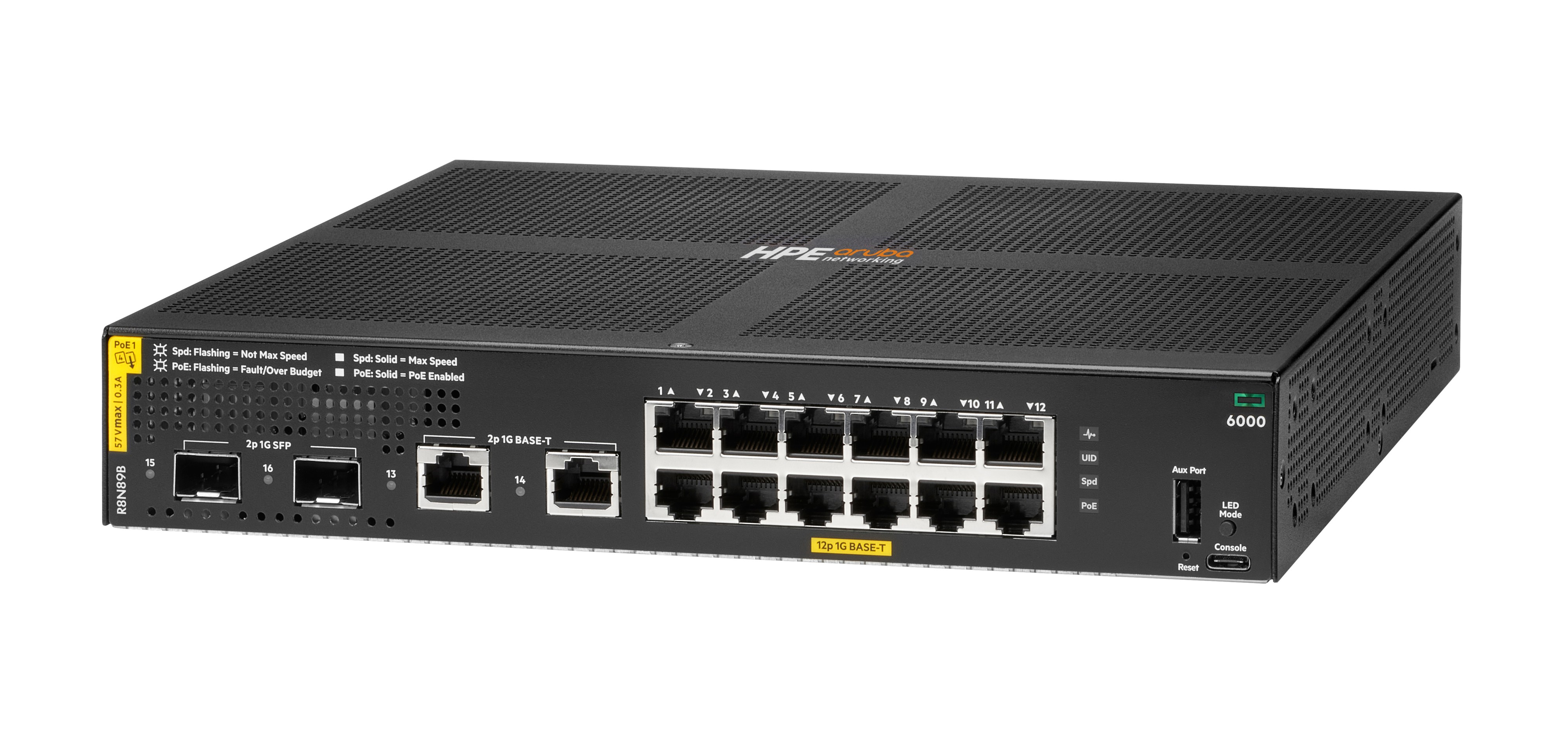 Uno switch di rete nero con porte PoE, porte SFP e LED di stato.