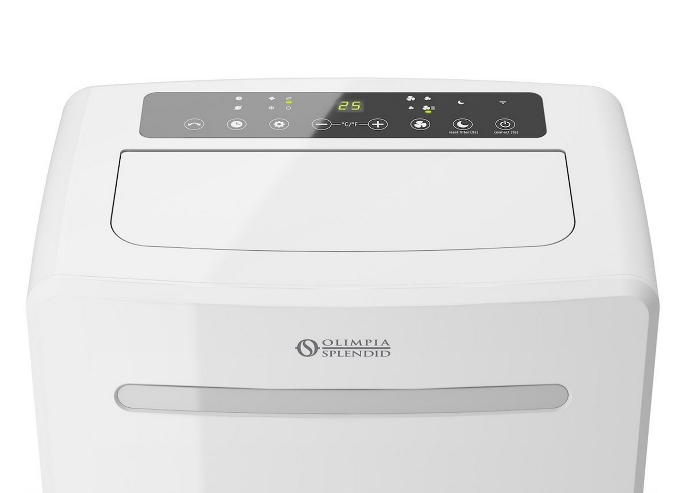 Pannello di controllo condizionatore bianco Olimpia Splendid con display 25C e icone.