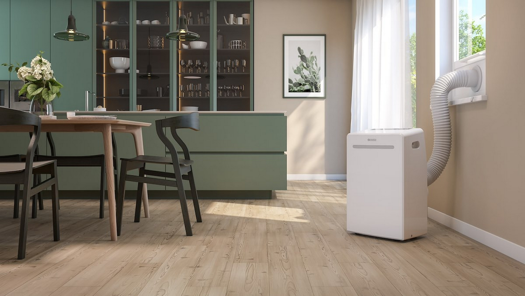 Un condizionatore portatile bianco con tubo in una cucina moderna.
