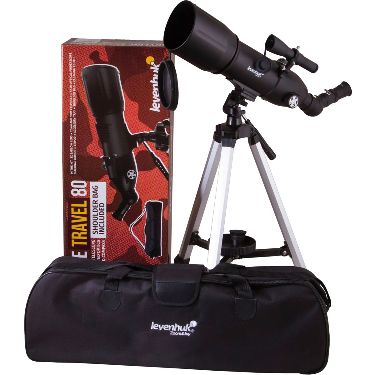 Ein schwarzes Teleskop mit Stativ, Tasche und Karton. Levenhuk-Logo.