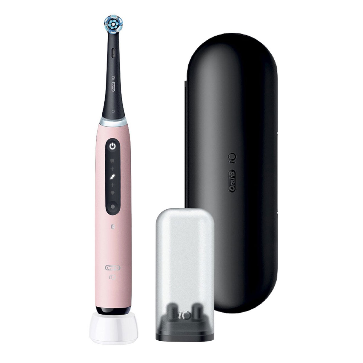Un cepillo de dientes eléctrico rosa con base de carga, estuche de viaje y protector.
