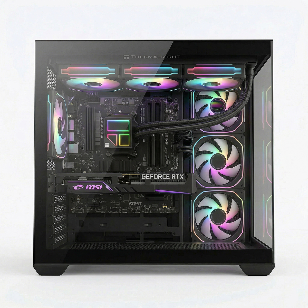 Un case per PC con ventole RGB, scheda grafica MSI e raffreddamento ad acqua.