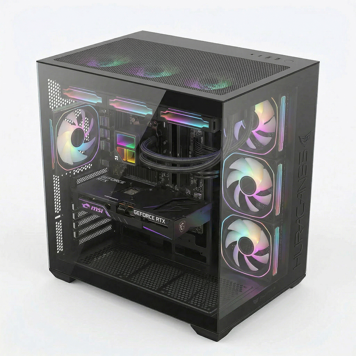 Un case PC nero con lati in vetro, ventole e illuminazione RGB, e una scheda grafica GeForce RTX.