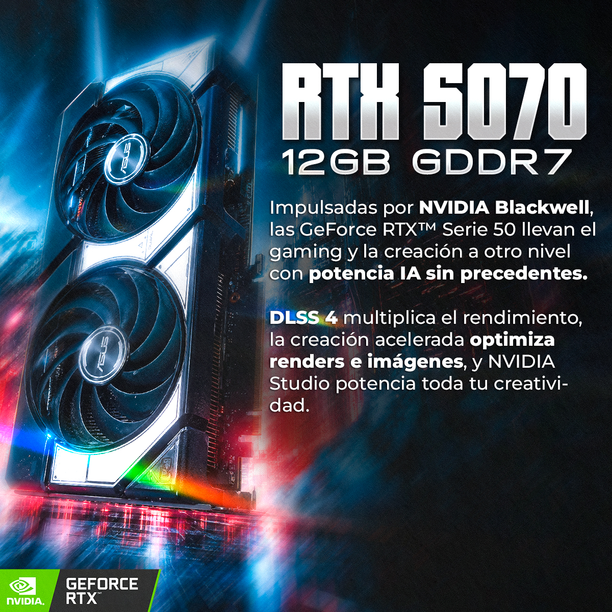 Una scheda grafica NVIDIA RTX 5070 12GB GDDR7 con luci blu e rosse.