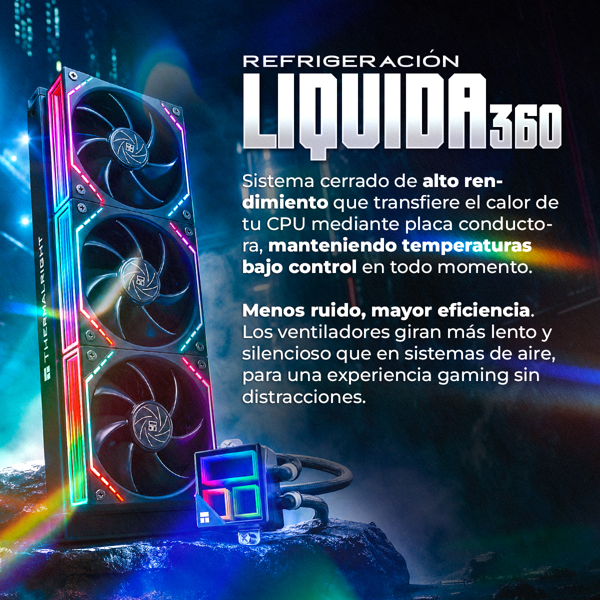 Una ventola tripla con illuminazione RGB e una pompa dell'acqua con schermo.