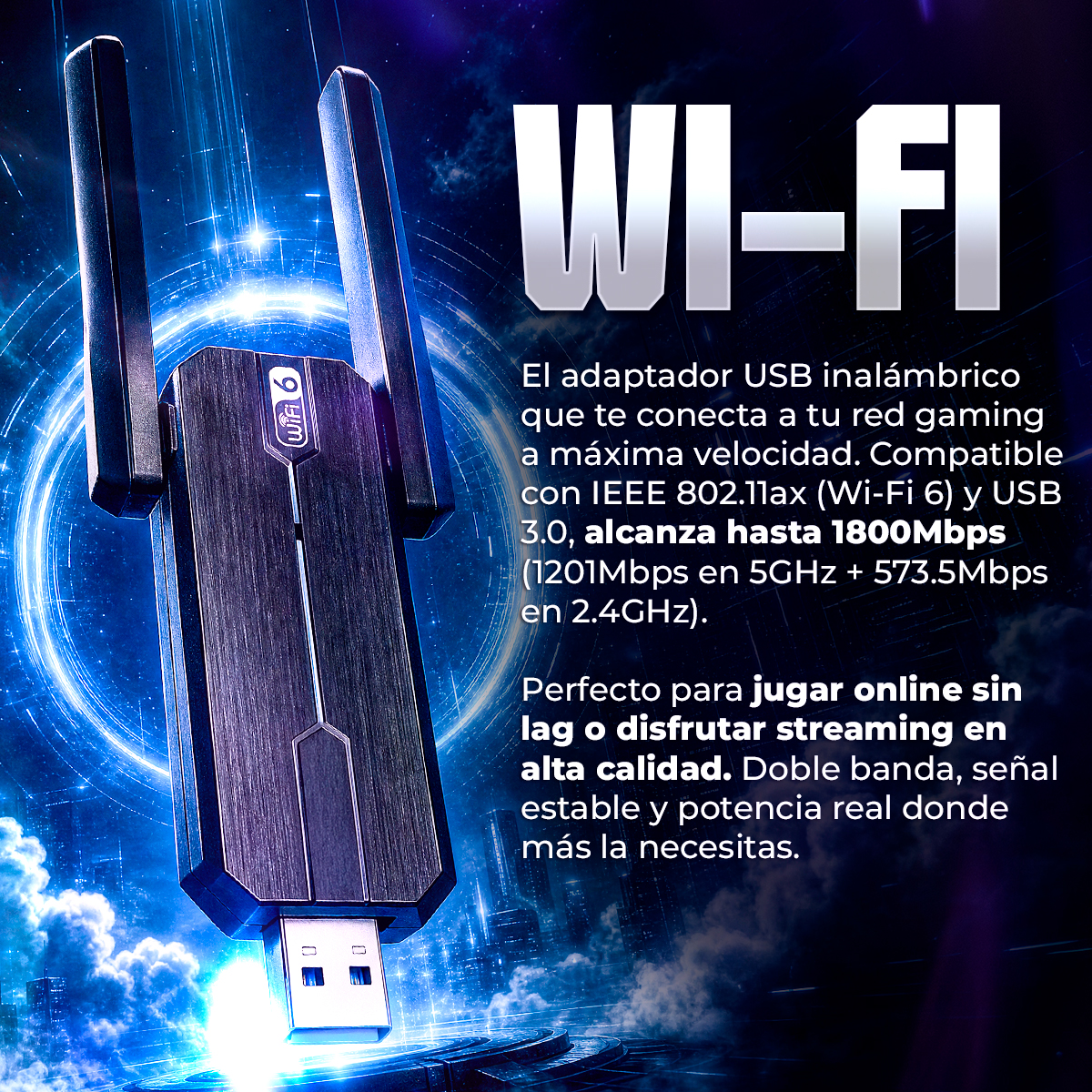 Un adattatore USB Wi-Fi nero con due antenne, che supporta il Wi-Fi 6.