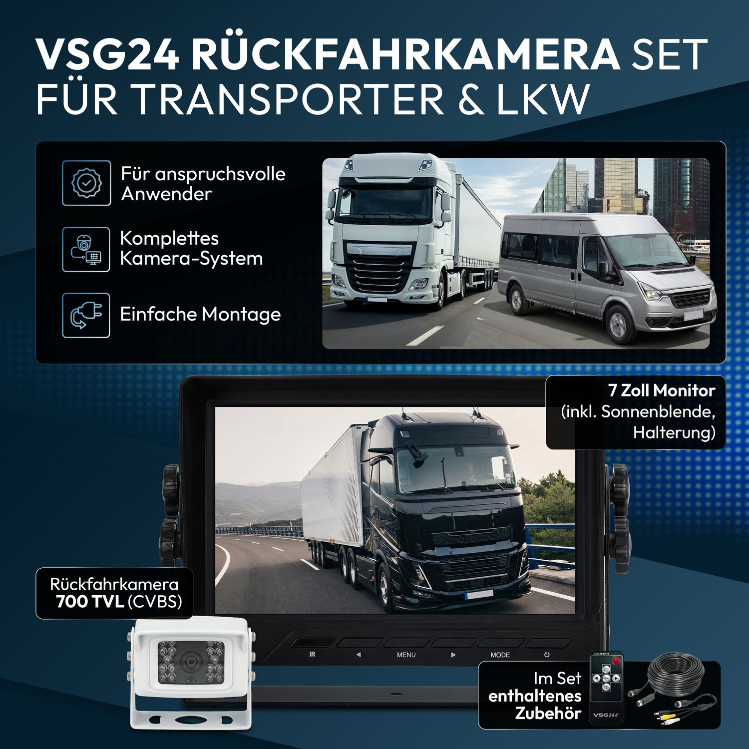 Rückfahrkamera-Set für LKW mit Monitor, Kamera und Zubehör.