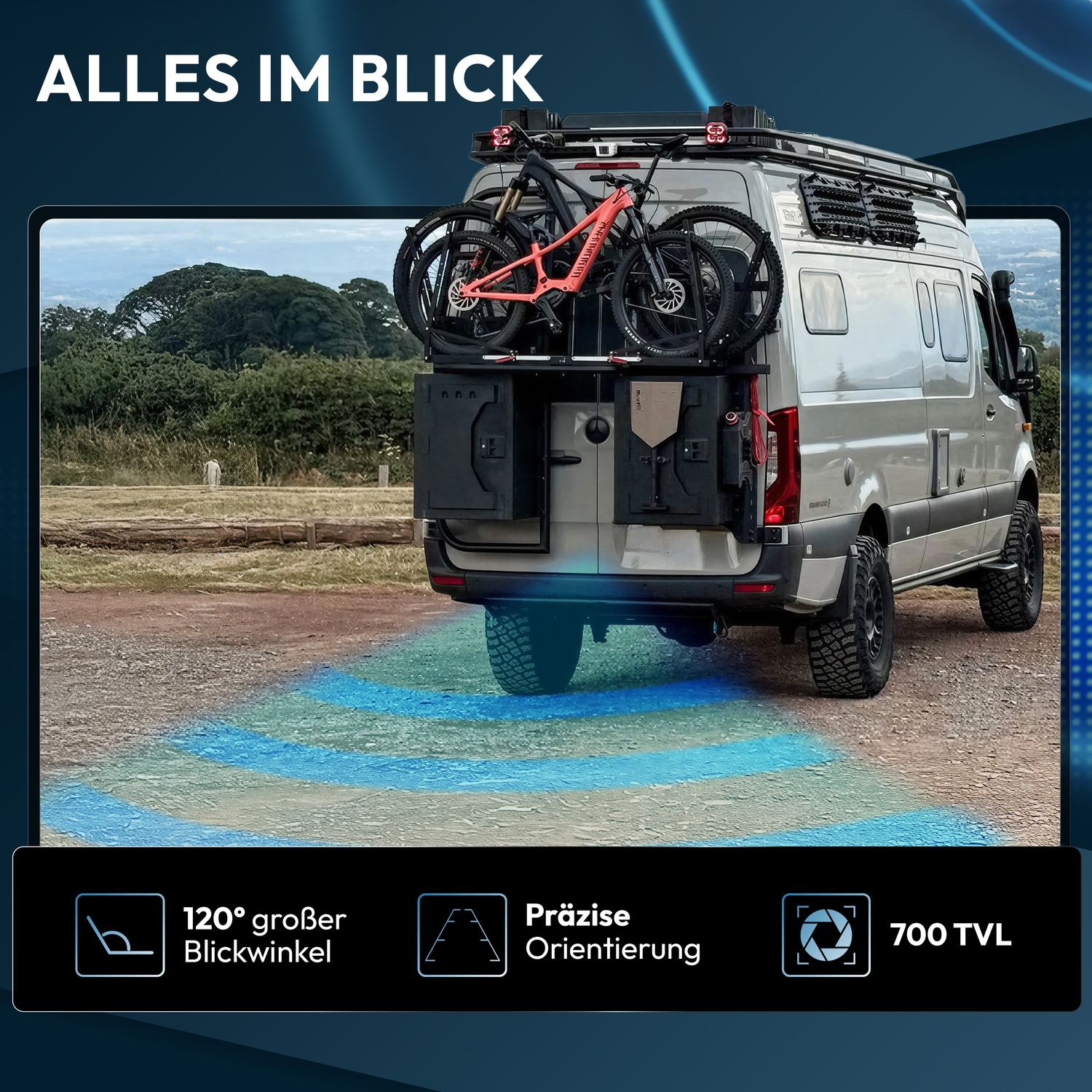 Ein silberner Campervan mit Fahrrädern auf dem Dach steht auf einem Feldweg. Blaue Linien zeigen den Erfassungsbereich.