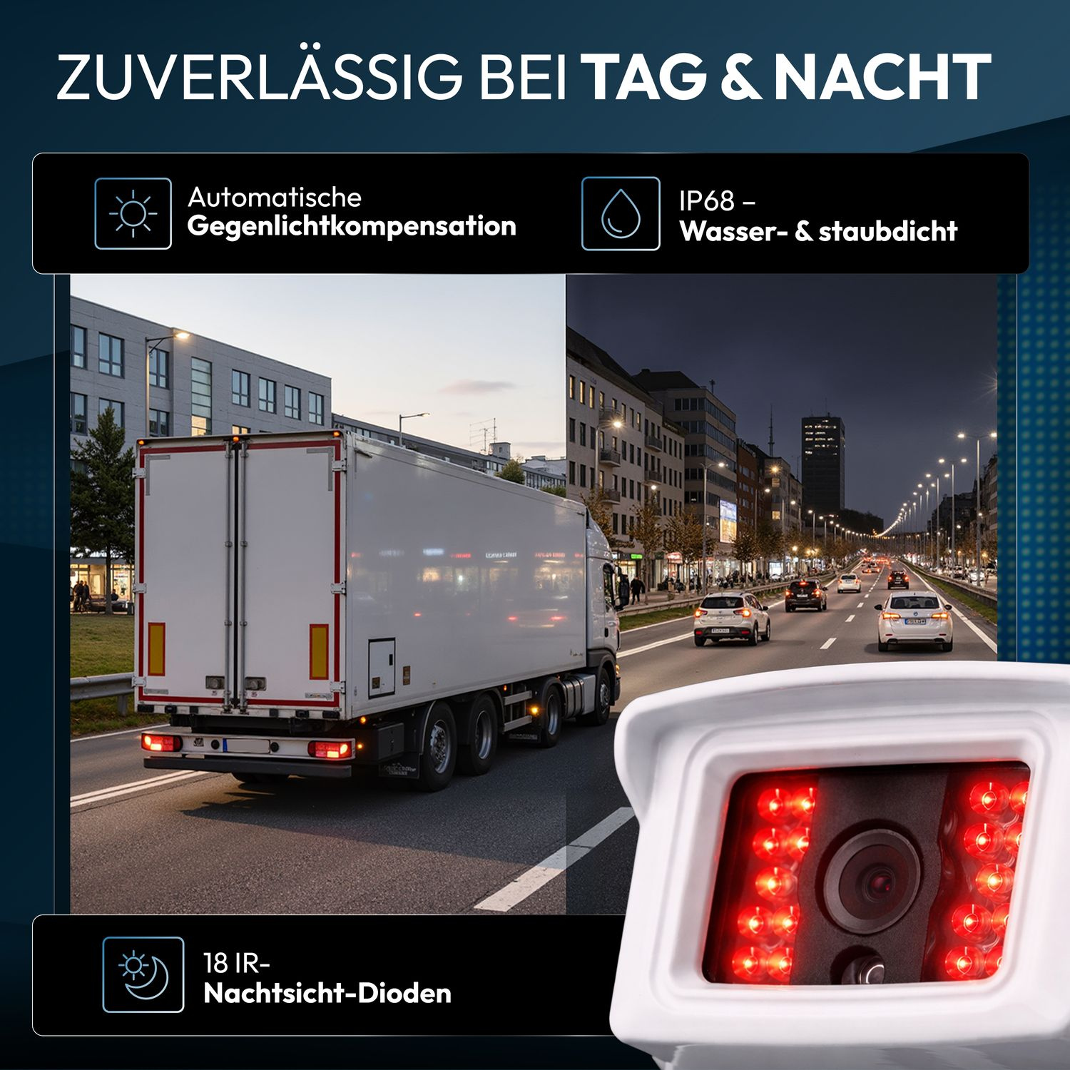 Überwachungskamera mit IR-Dioden und Linsen, zeigt Tag- und Nachtansicht.