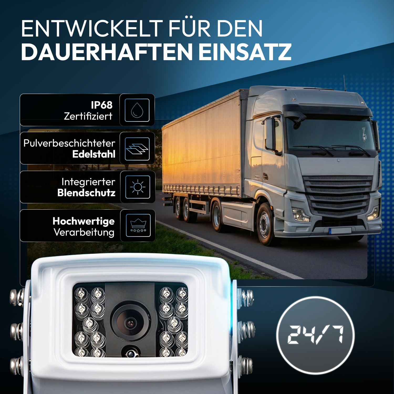 LKW mit Kamera. Merkmale: IP68, pulverbeschichteter Stahl, Blendschutz, 24/7.