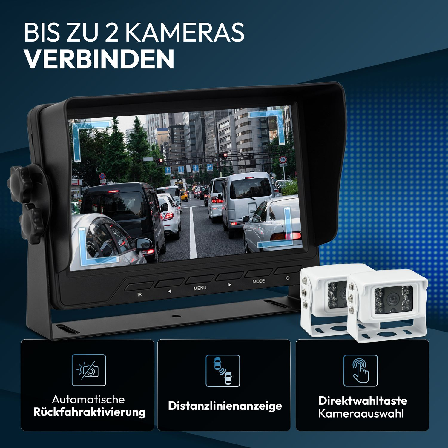 Monitor zeigt Rückfahrkamera-Ansicht mit Verkehr. Zwei Kameras daneben.