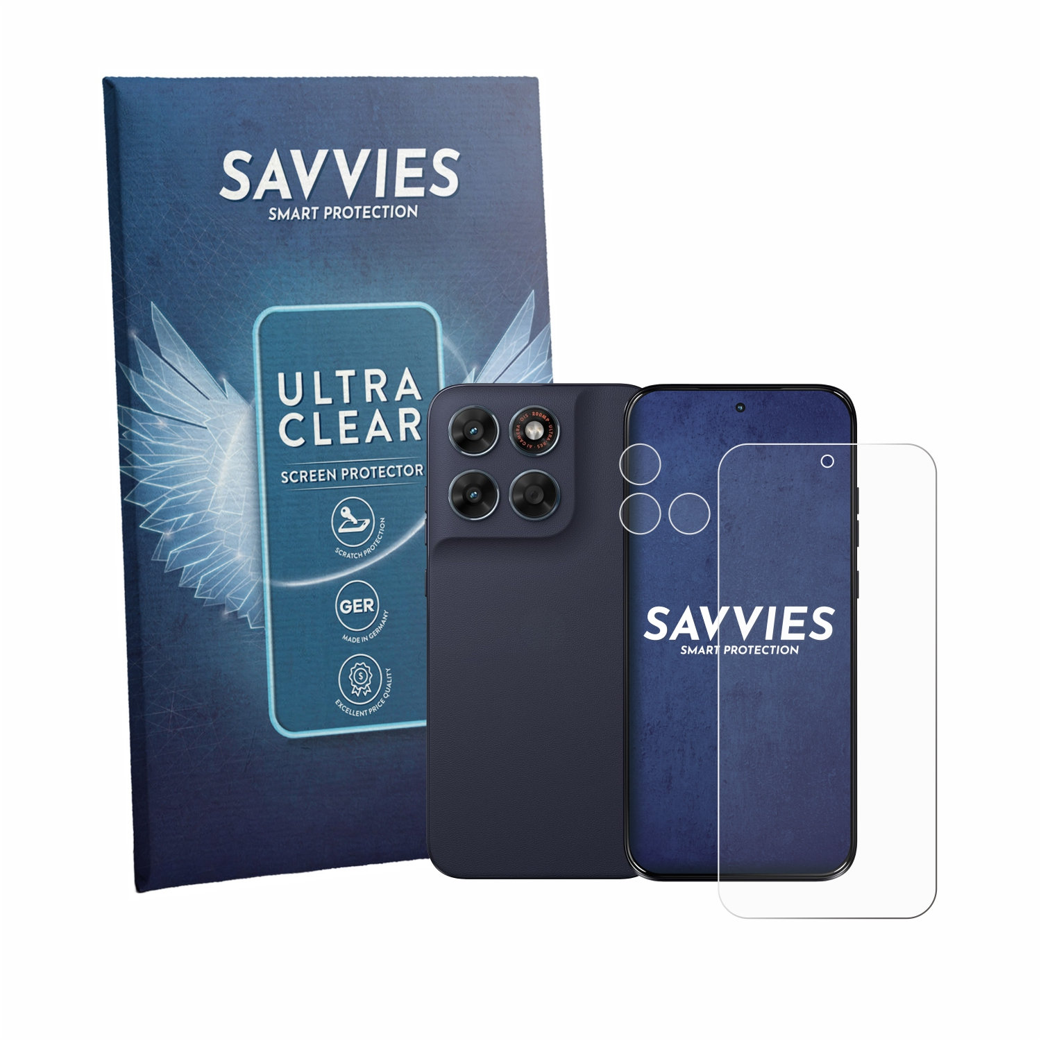 Ein dunkelblaues Handy mit Displayschutzfolie und Verpackung für Savvies.