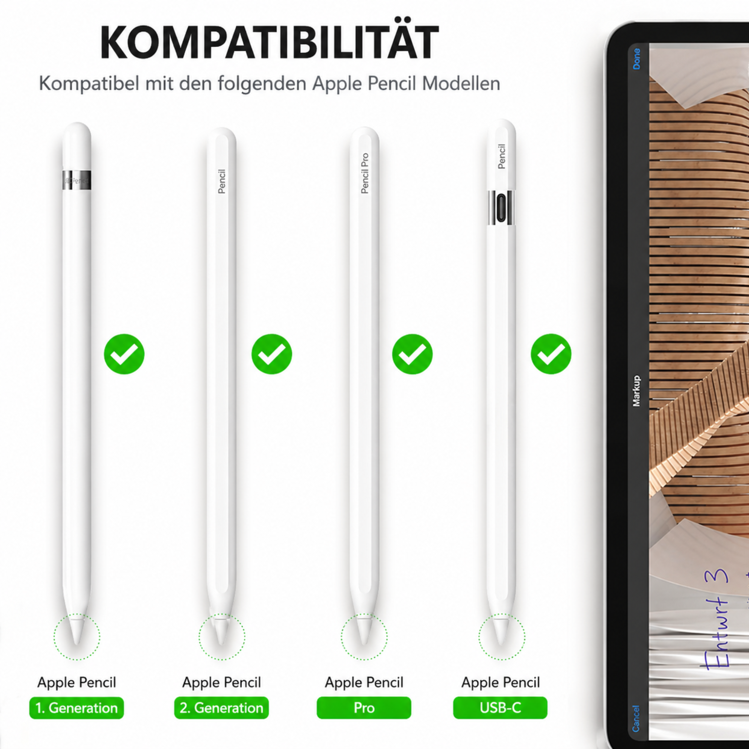 Vier Apple Pencil-Modelle werden gezeigt: 1. Gen, 2. Gen, Pro, USB-C.