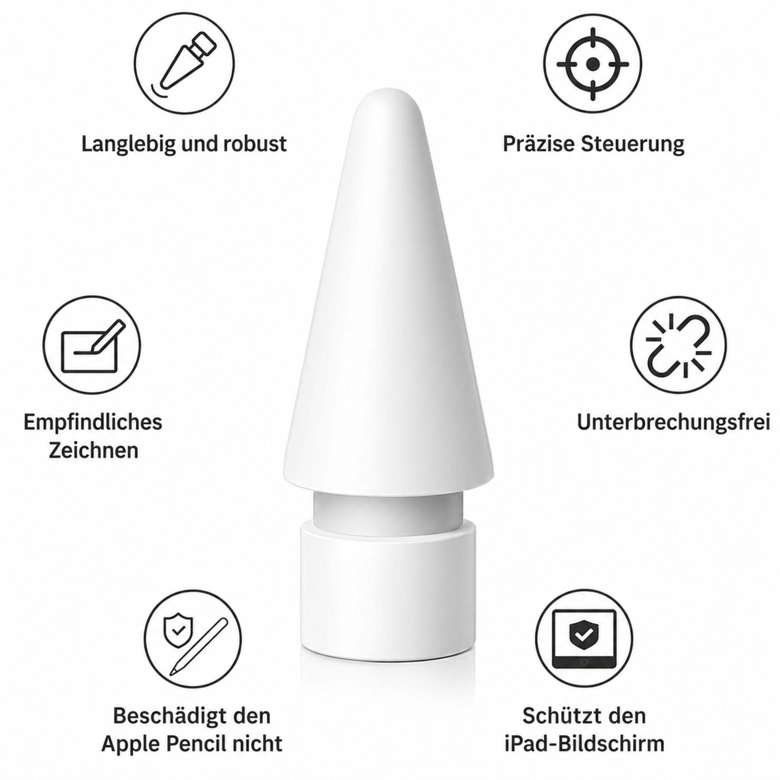 Eine weiße Stiftspitze mit Icons für Langlebigkeit, Präzision, Zeichenfunktion.