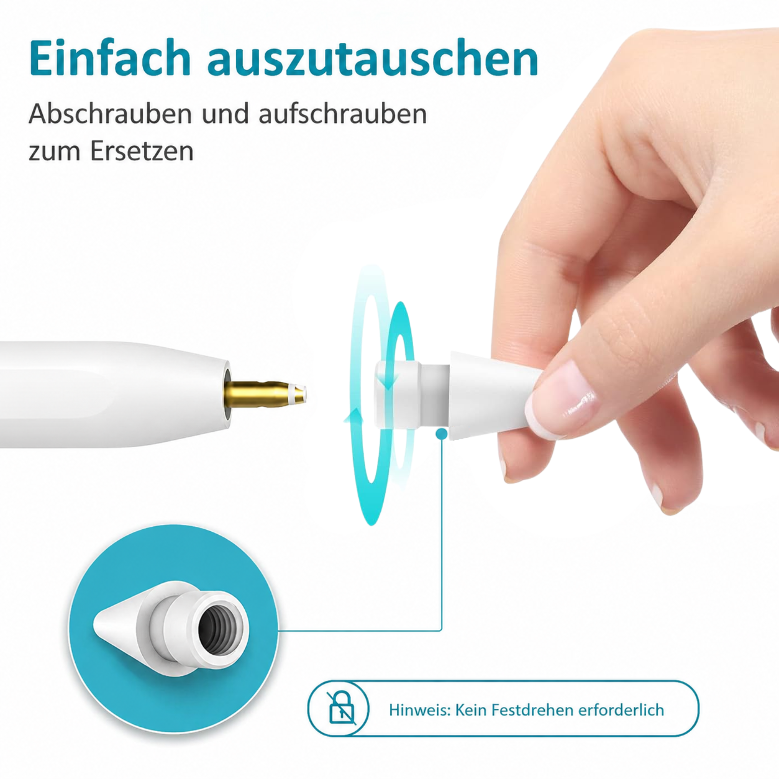 Eine Hand tauscht die weiße Stiftspitze aus. Einfach und schnell.