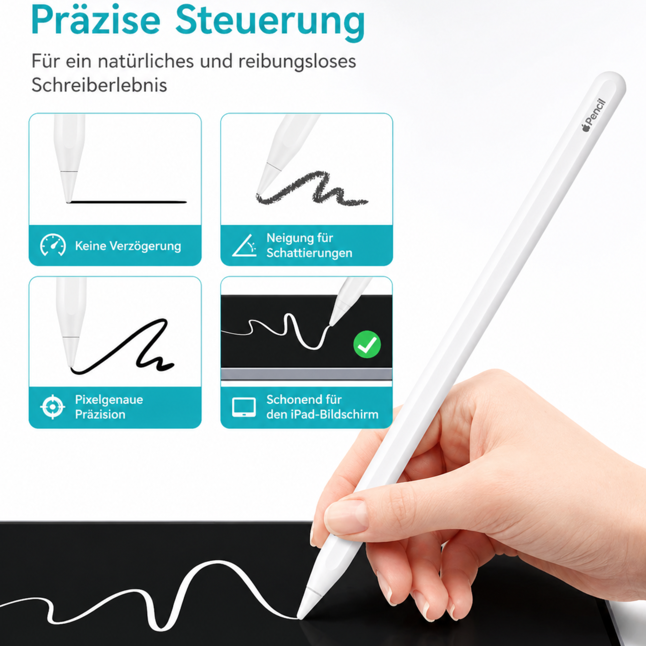 Weiße Apple Pencil-Spitze schreibt auf schwarzem iPad-Bildschirm. Vier Features: keine Verzögerung, Neigung für Schattierungen, Pixelgenauigkeit, schont iPad-Bildschirm.