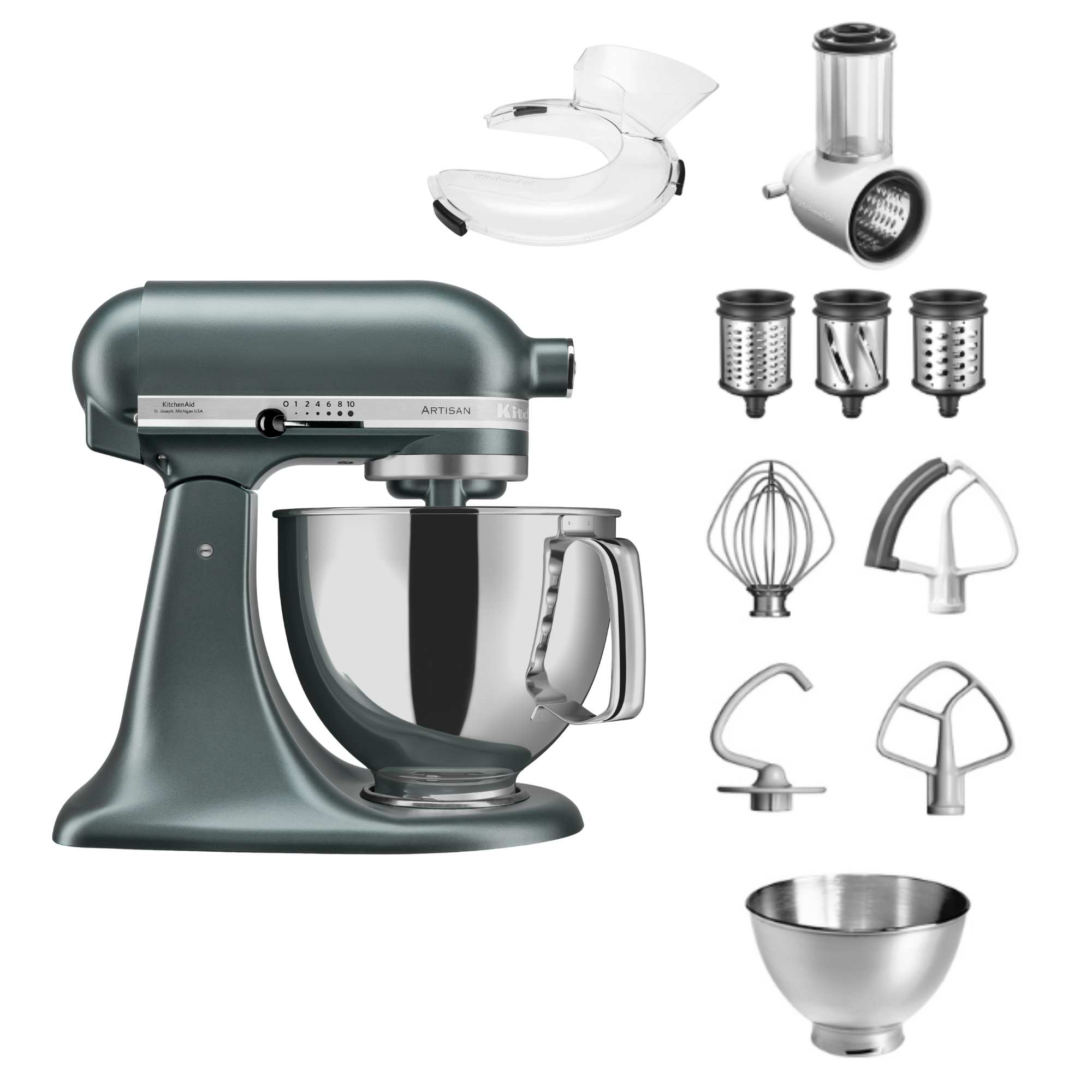 Grauer KitchenAid Artisan Standmixer mit Zubehör: Raspel, Schneebesen, Teighaken, Rührbesen, Schüssel.