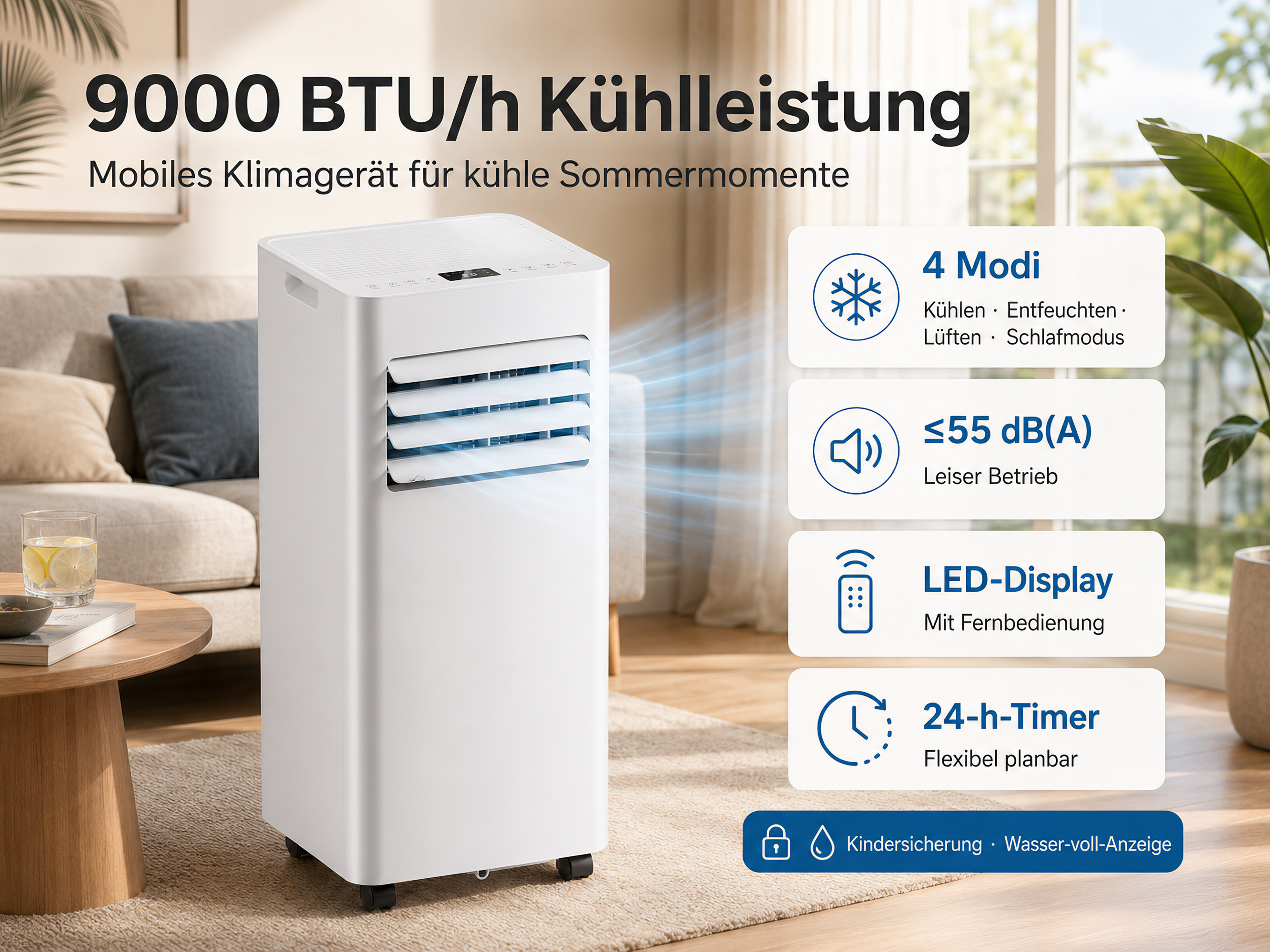 Weißes mobiles Klimagerät mit 9000 BTU/h, 4 Modi, leisem Betrieb und Timer.