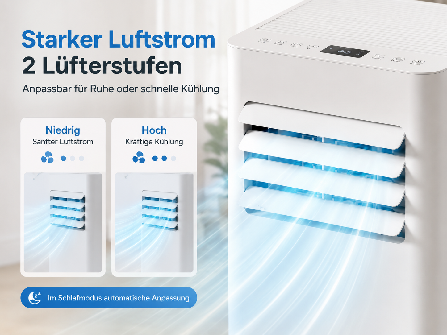 Ein weißer Luftkühler mit zwei Lüfterstufen: Niedrig und Hoch.