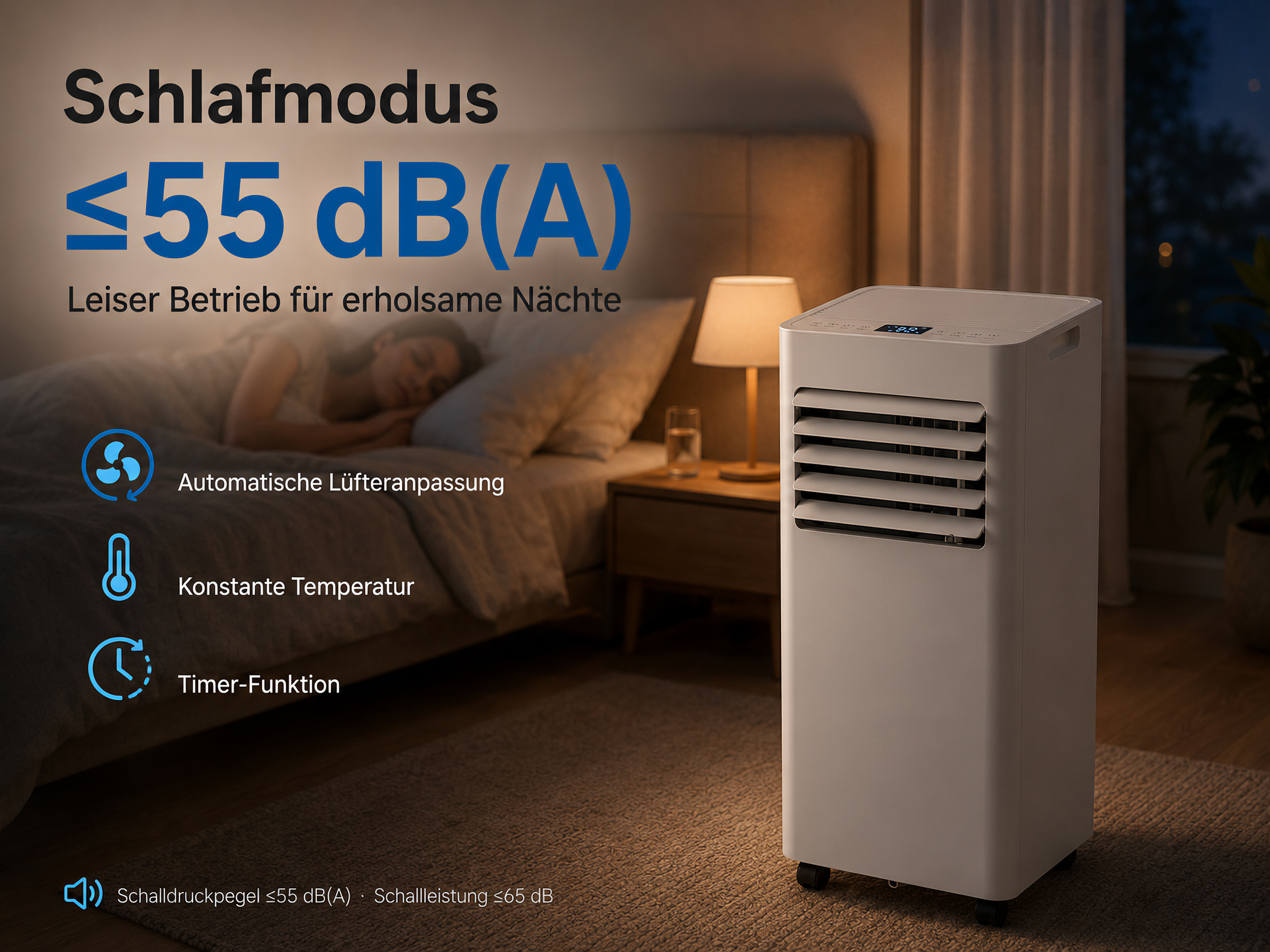 Kühlgerät im Schlafzimmer bei Nacht, mit Text über Schlafmodus und Lautstärke.