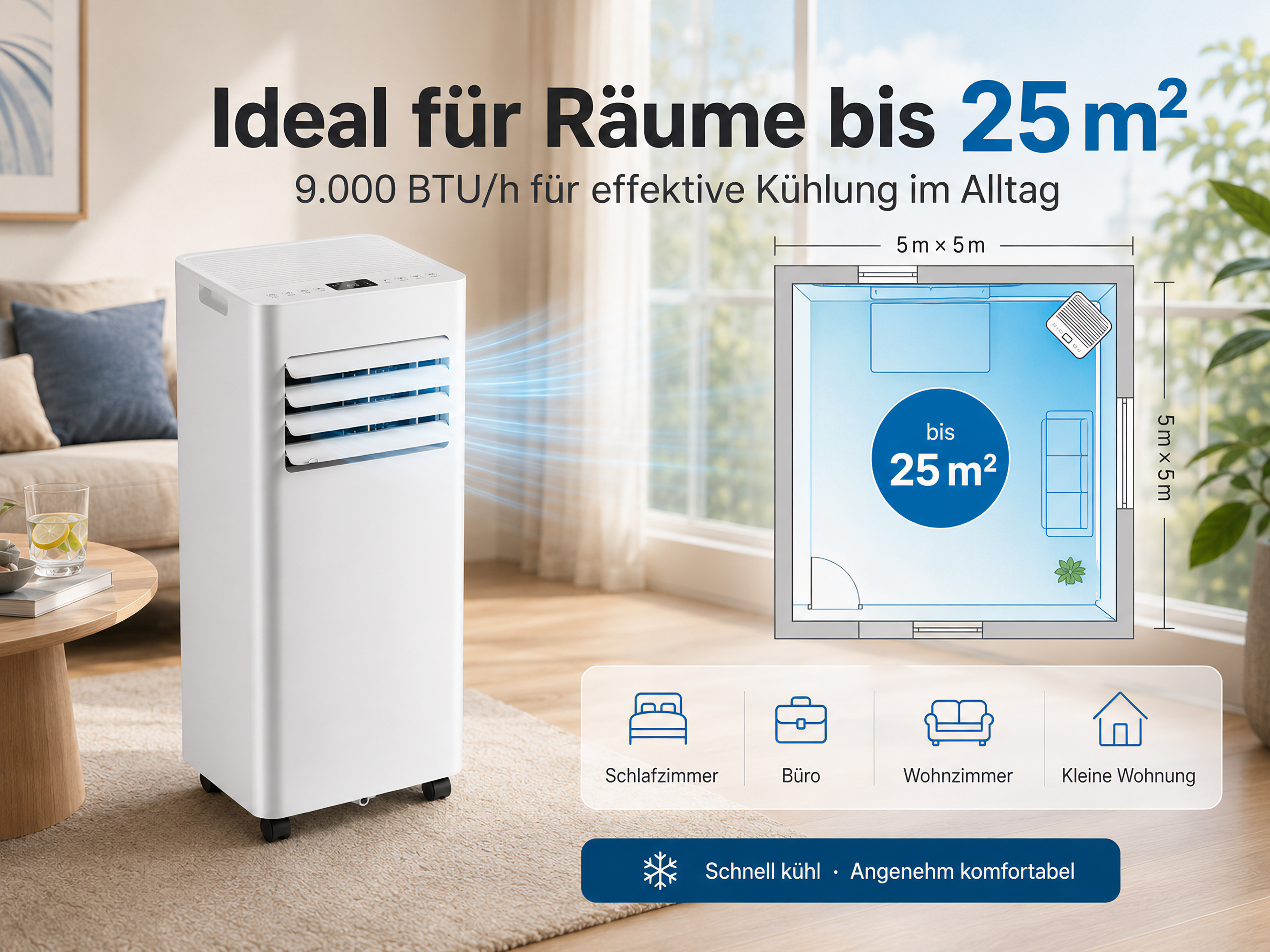 Ein weißer, mobiler Luftkühler steht in einem Wohnzimmer. Eine Grundrissgrafik zeigt 25 m².