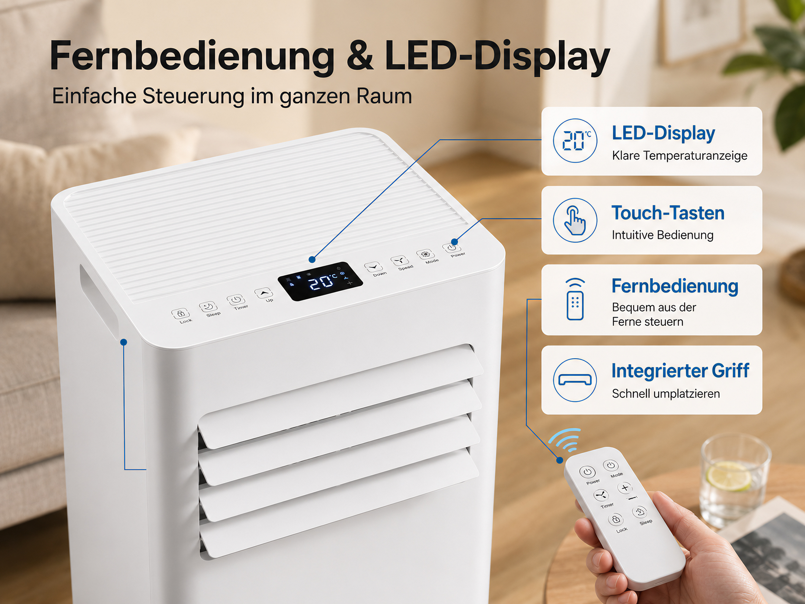 Ein weißes Klimagerät mit LED-Display und Fernbedienung. Infos zu Display, Tasten, Fernbedienung und Griff.