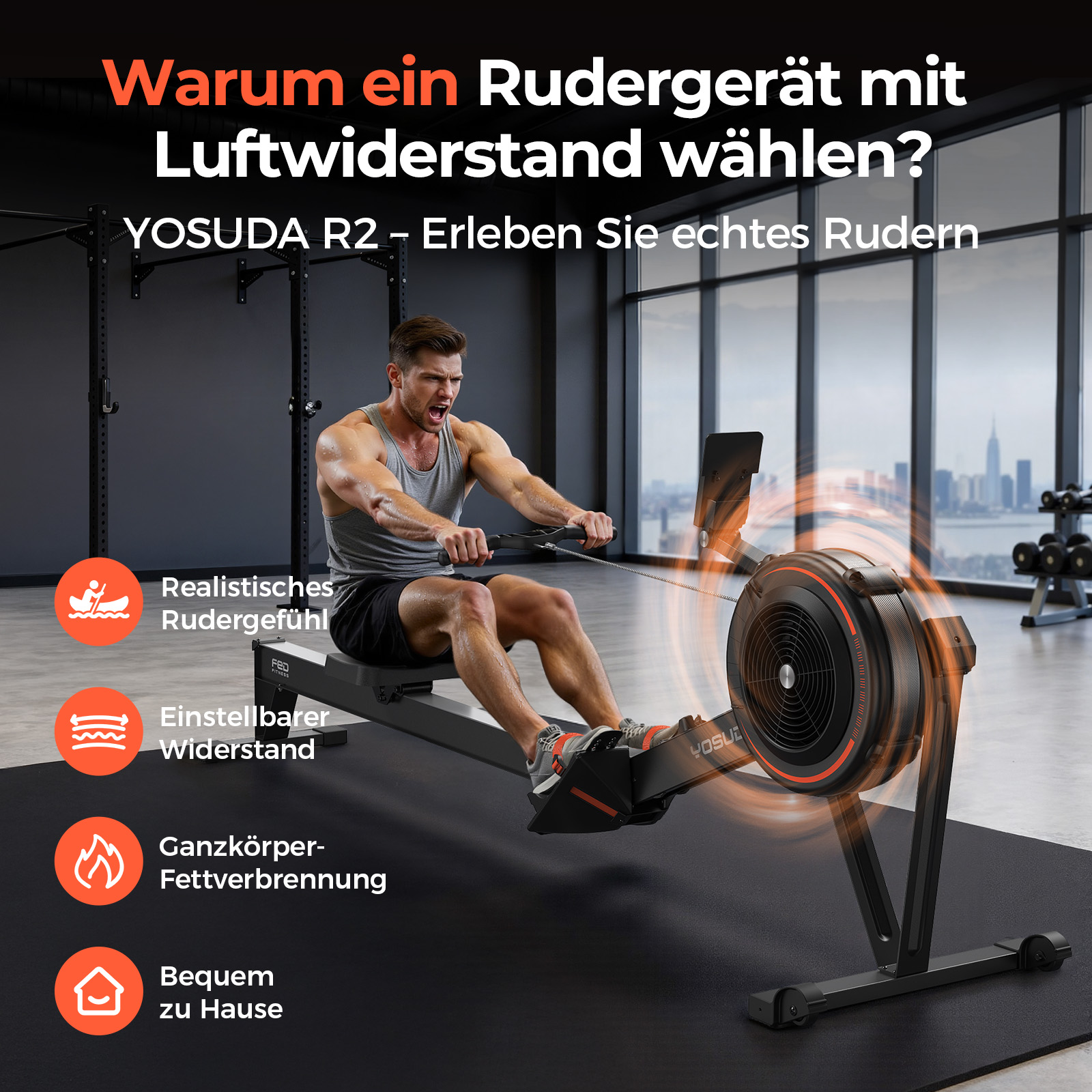 Mann auf einem Rudergerät, mit Text über Luftwiderstand.