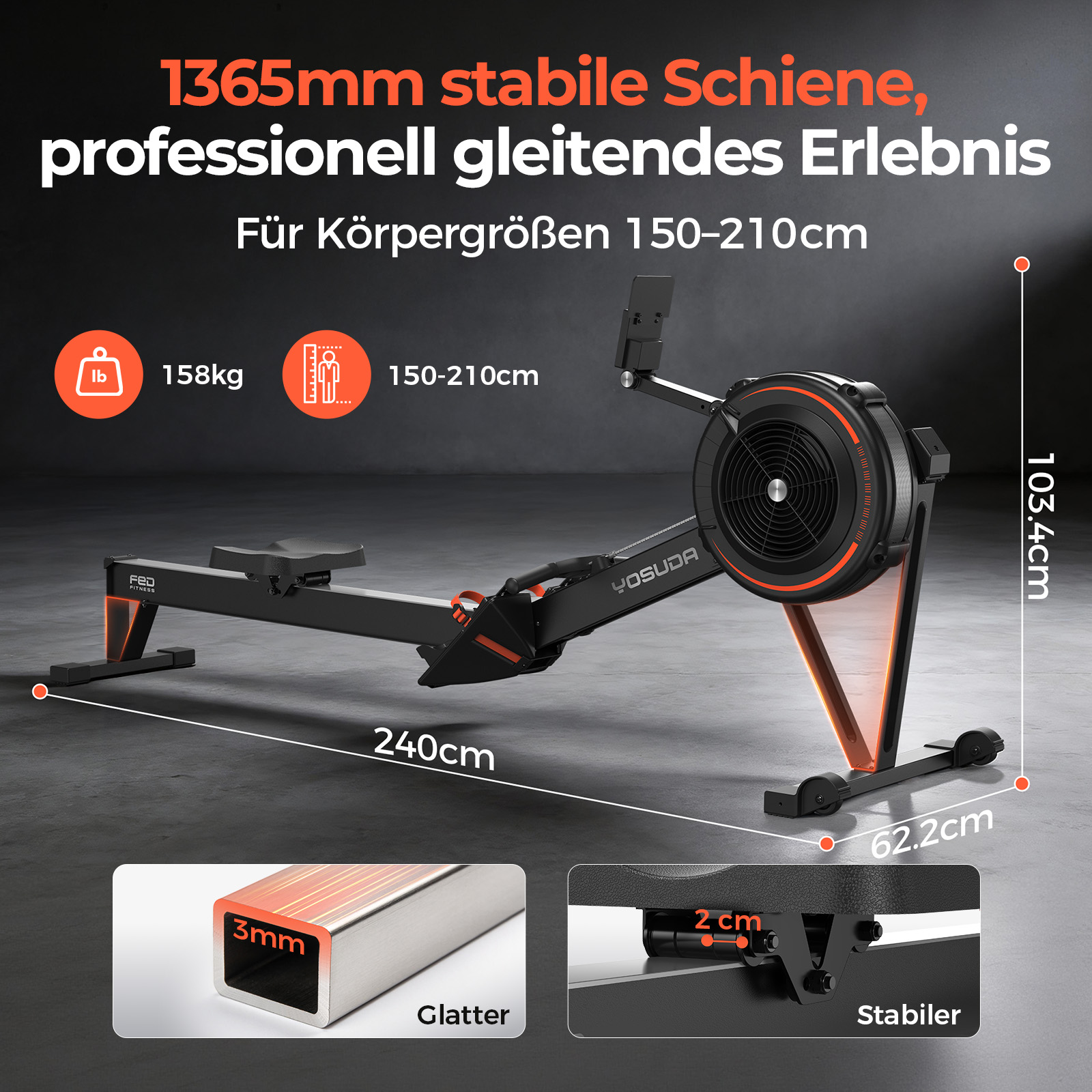 Rudergerät mit 1365mm Schiene, 240cm Länge, 103.4cm Höhe, 62.2cm Breite.