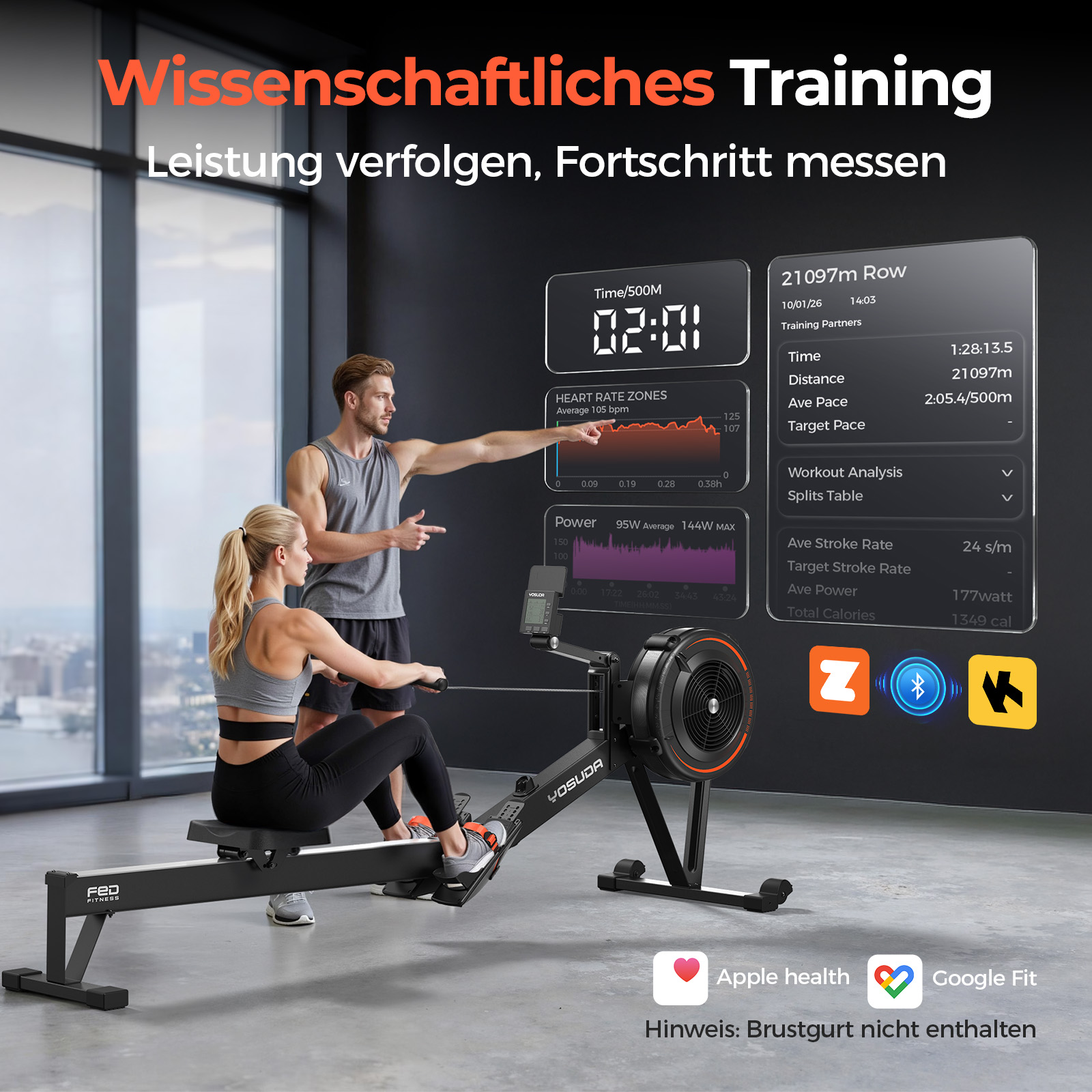 Ein Mann und eine Frau trainieren auf einem Rudergerät, mit Trainingsdaten auf einem Bildschirm.
