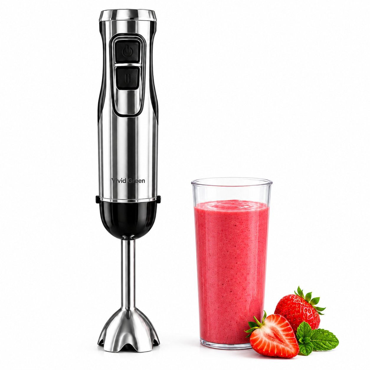 A silver immersion blender next to a glass of strawberry smoothie and strawberries.