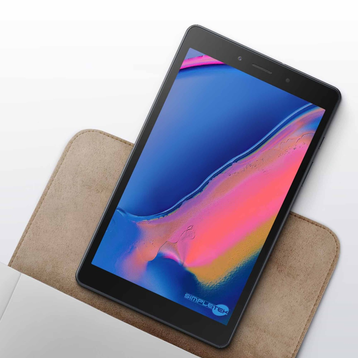 Un tablet nero poggia su un supporto marrone. Lo schermo mostra onde colorate.