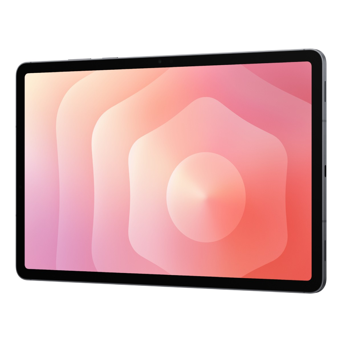 Ciemny tablet wyświetlający ekran z gradientem w odcieniach różu i pomarańczu.