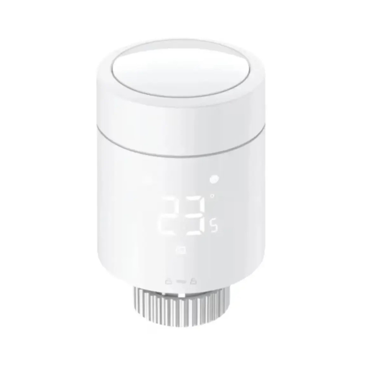 Weißer zylindrischer Thermostat mit Digitalanzeige, die 23 Grad Celsius anzeigt.
