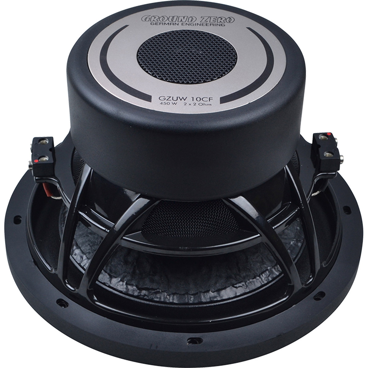 Schwarzer Subwoofer mit silbernem und schwarzem "Ground Zero" Logo. Modell GZUW 10CF.