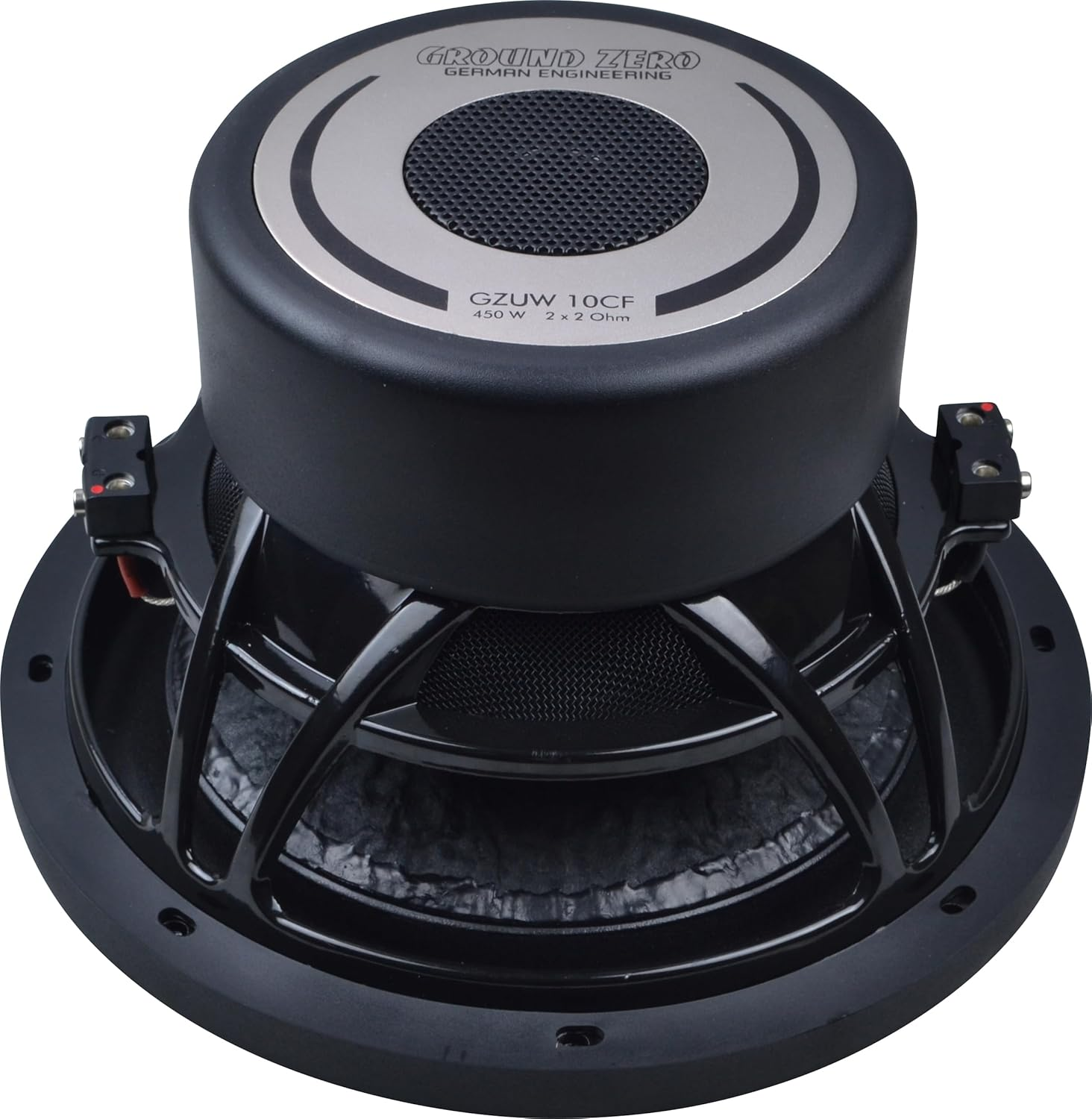 Schwarzer Subwoofer mit silberner Zierleiste und schwarzem Korb. Mit Text 'Ground Zero'.