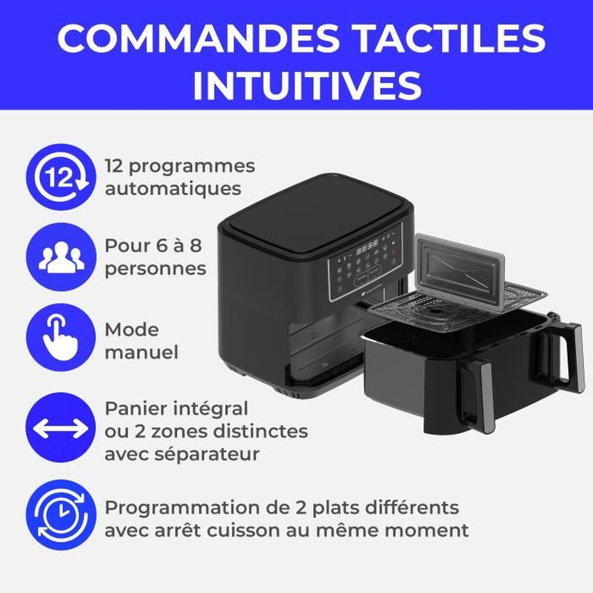 Friggitrice ad aria nera con accessori, 12 programmi, capacità 6-8 persone.