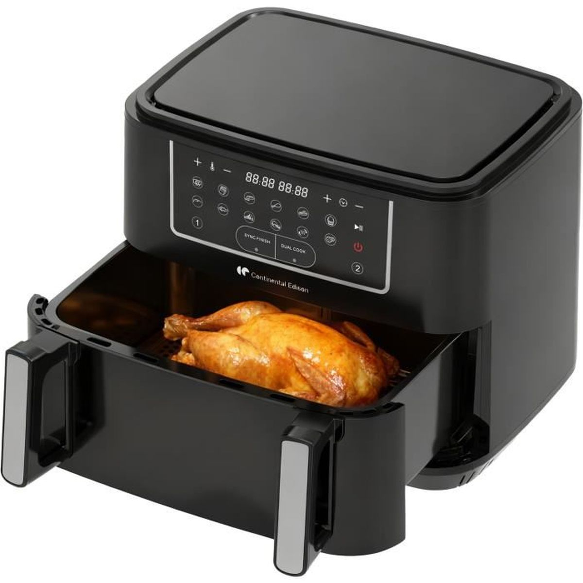 Un pollo arrosto nel cestello di una friggitrice ad aria nera con display digitale.