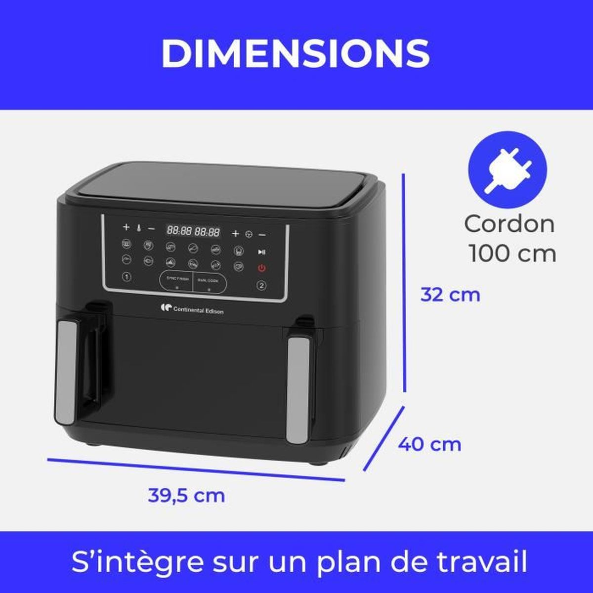 Friteuse ad aria nera con controlli digitali e dimensioni 39,5x40x32cm.