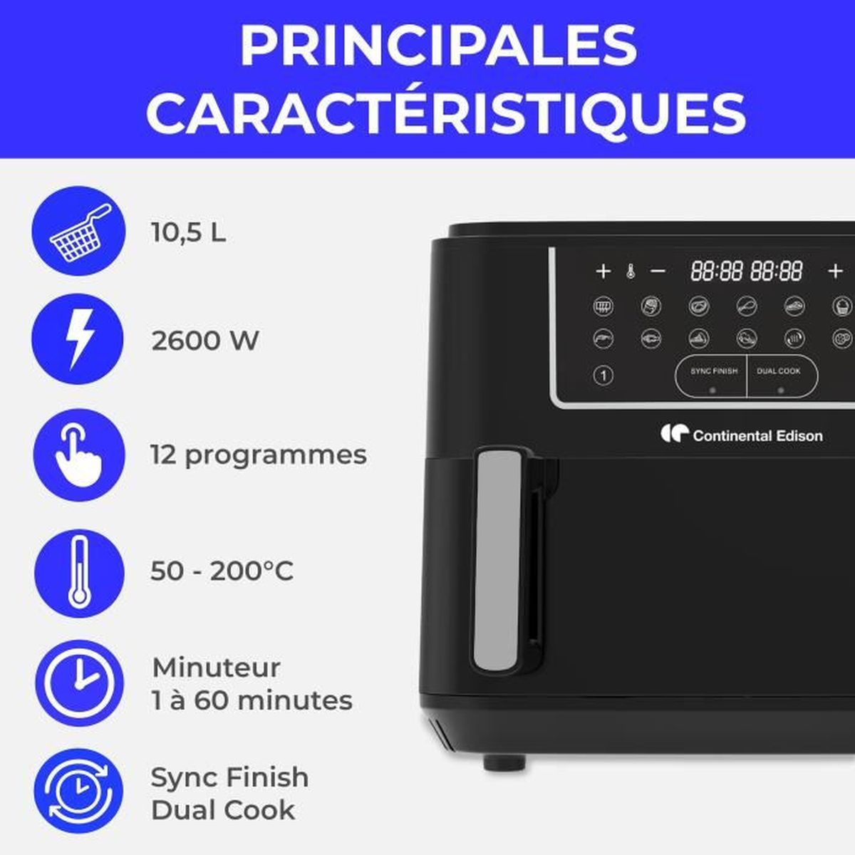 Friggitrice ad aria nera con controlli digitali, 10,5 L, 2600 W, 12 programmi.