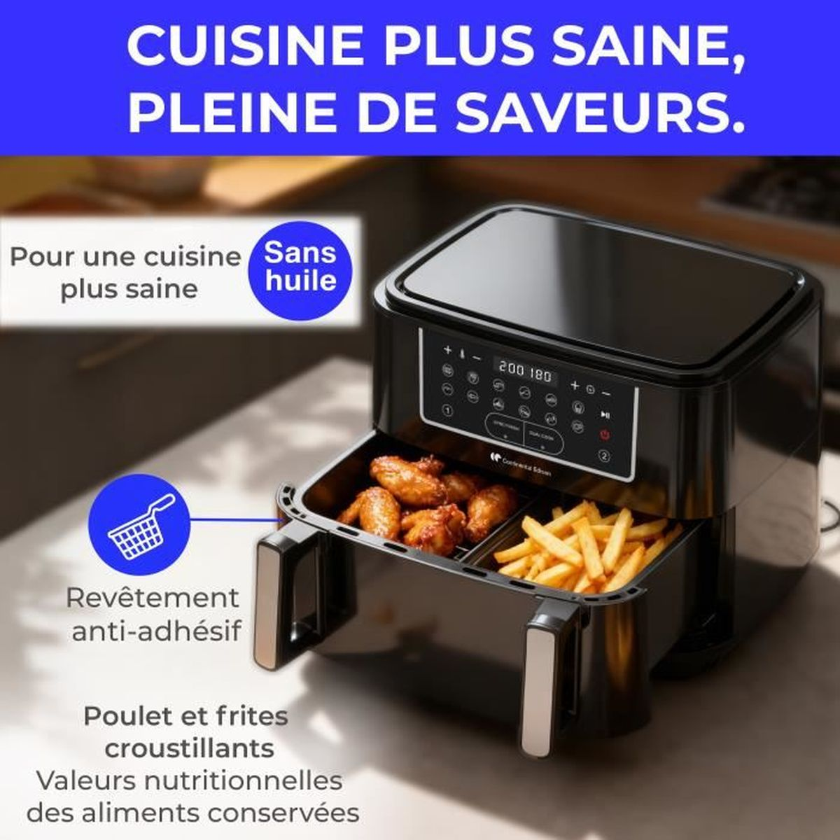 Friggitrice ad aria nera con alette di pollo e patatine. Il testo evidenzia la cucina sana.