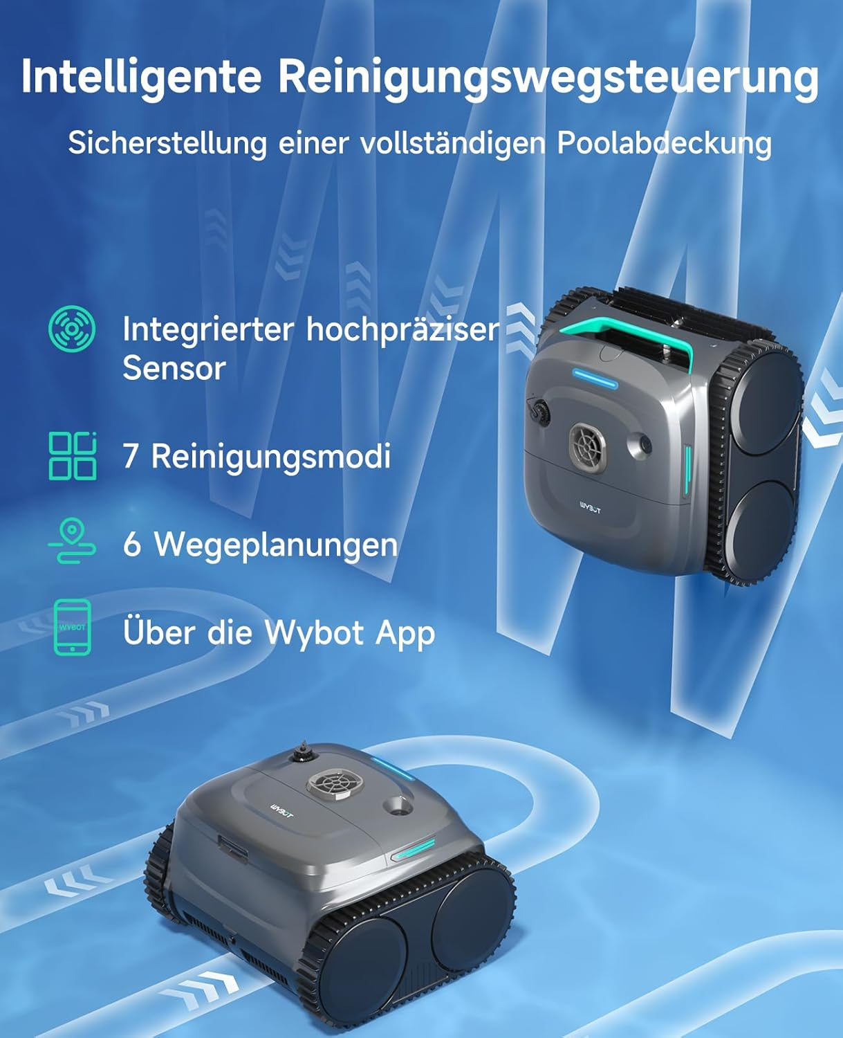 Zwei graue Wybot Poolreiniger auf blauem Hintergrund mit Text über intelligente Reinigung.