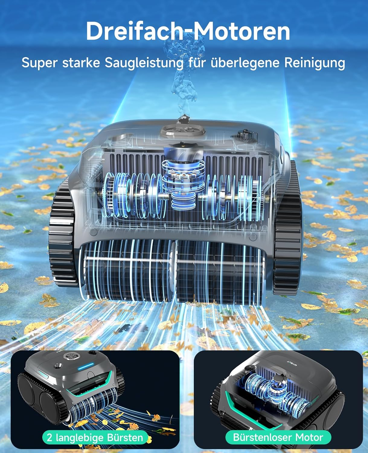 Saugroboter mit detaillierter Motoransicht, Bürsten und Saugkraft.