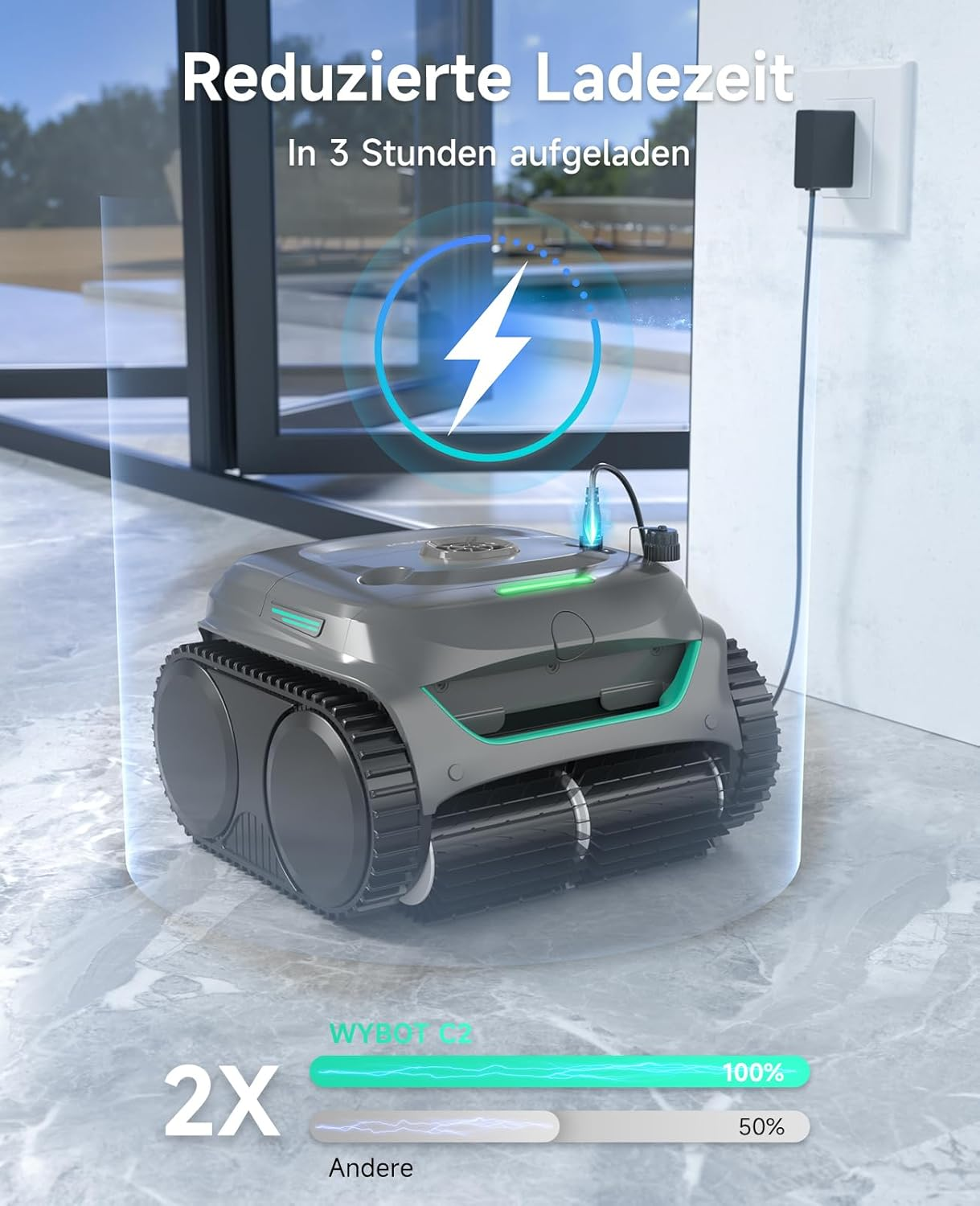 Grauer Poolroboter lädt mit Blitzsymbol. Ladezeit 3 Stunden.