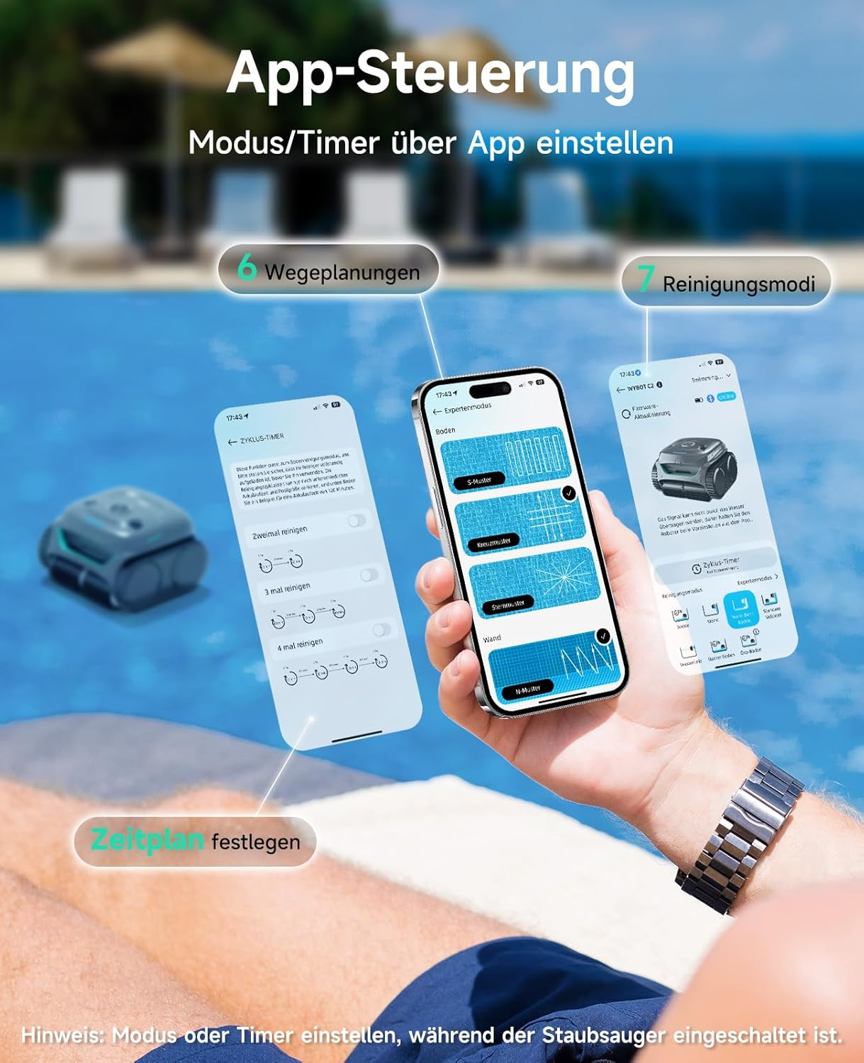 App-Steuerung für Poolreiniger: Wegeplanung, Reinigungsmodi & Zeitplan festlegen.