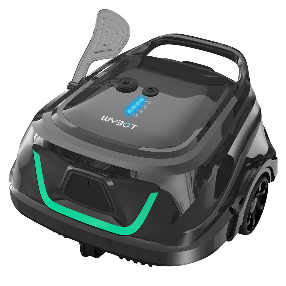 Ein schwarzer Rasenmähroboter mit grünen Akzenten und blauen Lichtern.