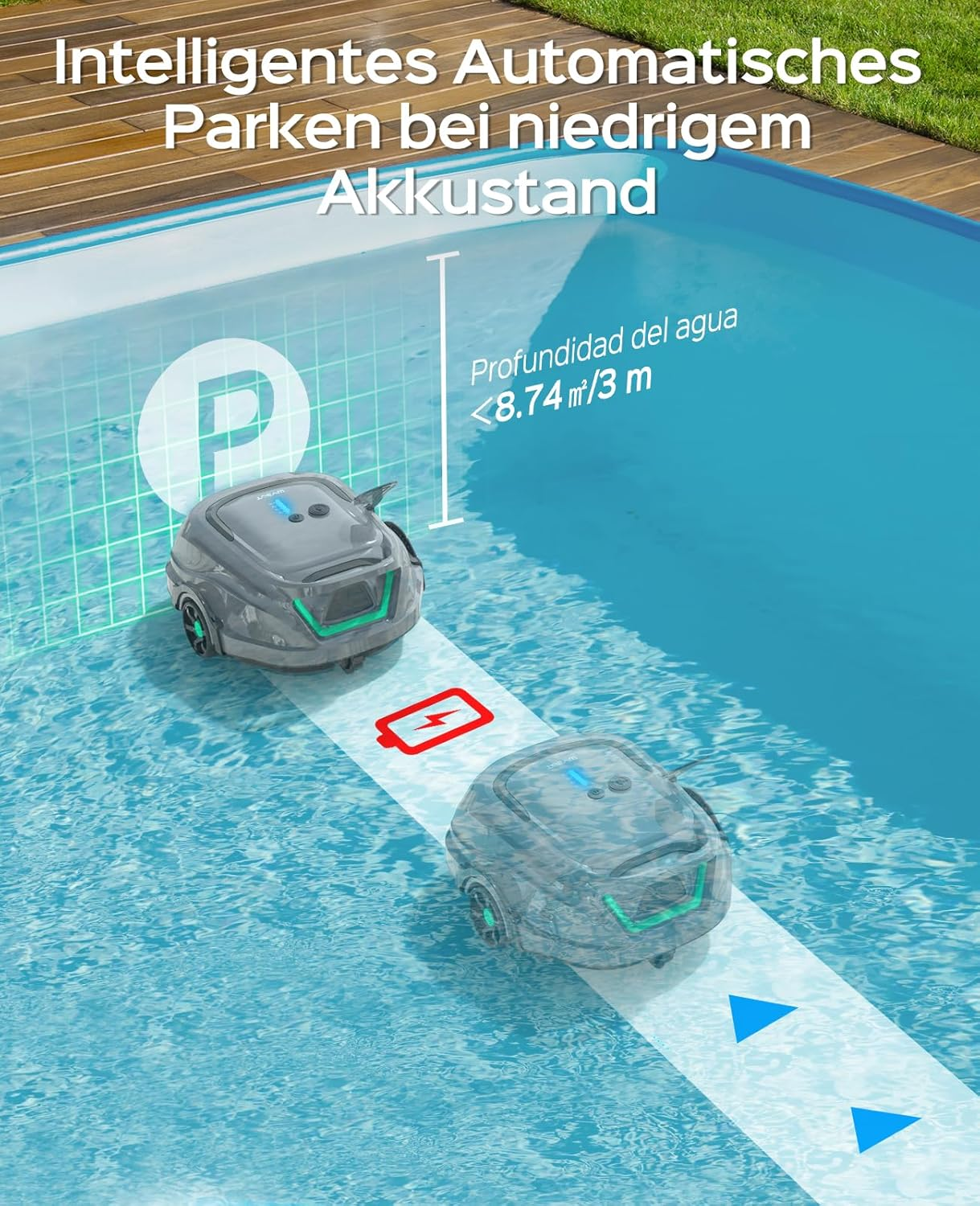 Zwei Poolroboter im blauen Wasser. Einer zeigt ein niedriges Akkusymbol.