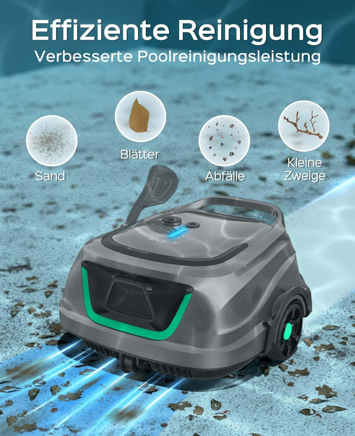 Ein Poolreiniger saugt Sand, Blätter, Abfall und Zweige aus dem Wasser.
