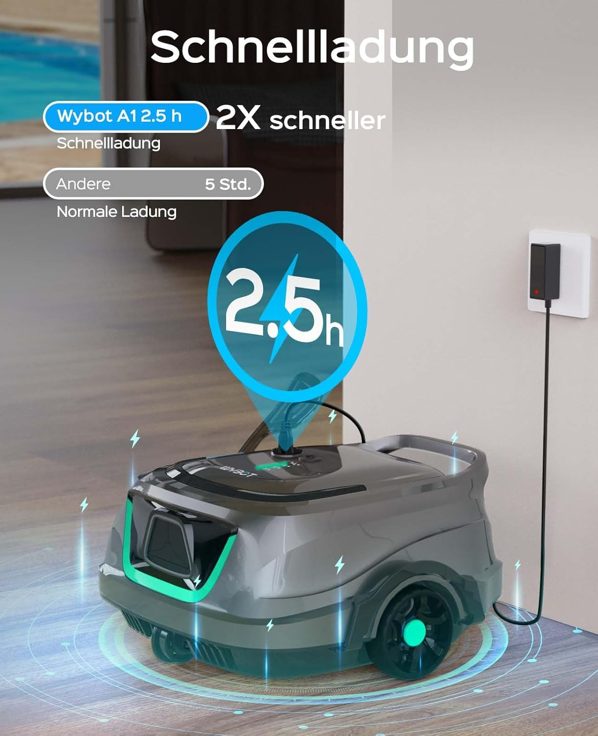 Ein grauer Mähroboter lädt schnell auf. 2.5h Ladezeit.